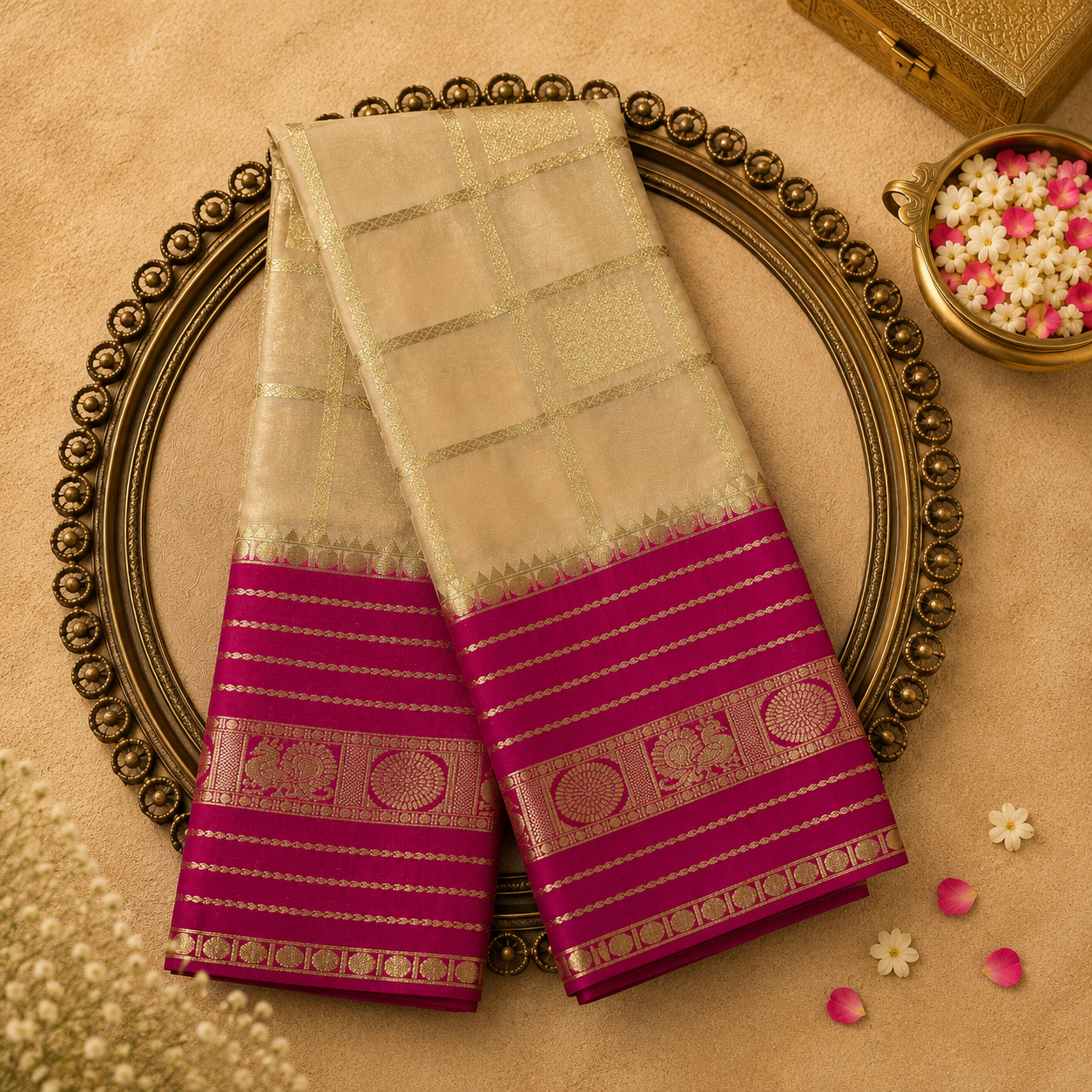 Cream Semi Crepe Silk Saree with Gold Zari Checks, Pink-Gold Border & Pink Blouse