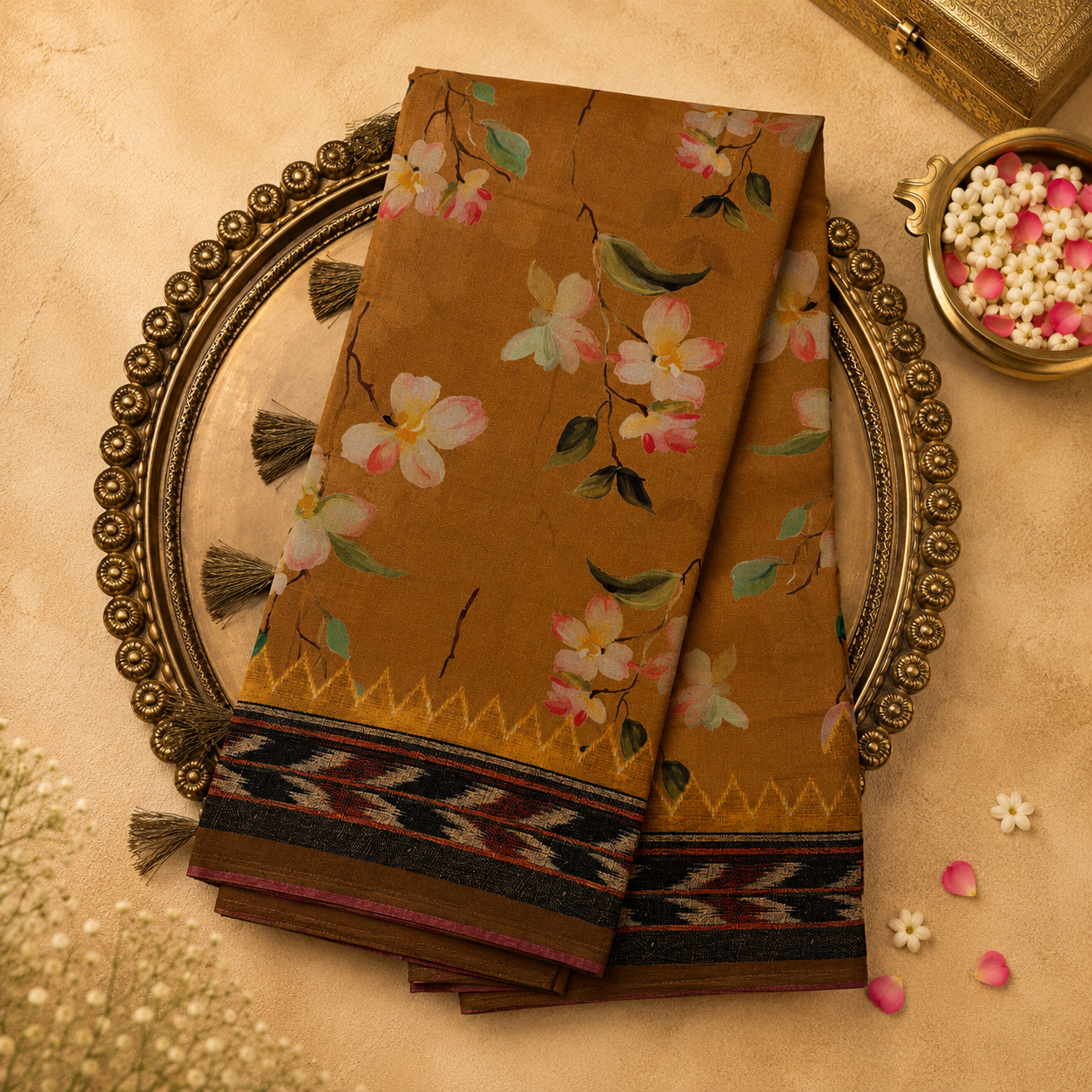 Mustard Yellow Semi Tussar Silk Saree with Floral Print & Grey Ikat Border