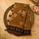 Mustard Yellow Semi Tussar Silk Saree with Floral Print & Grey Ikat Border