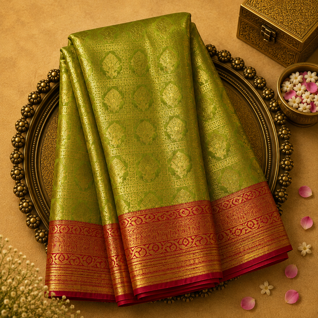 Light Green Semi Tissue Silk Saree with Checks, Peacock Zari Motifs &Red Blouse
