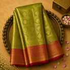 Light Green Semi Tissue Silk Saree with Checks, Peacock Zari Motifs &Red Blouse