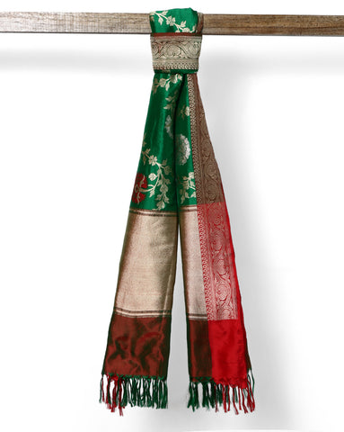 Leaf Green pure banarasi silk dupatta with Red zari border