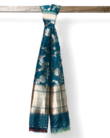 Peacock Blue pure Banarasi silk dupatta with silver and gold zari work