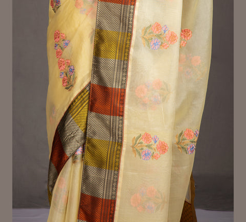 Pastel Lemon Yellow embroidered Organza silk saree