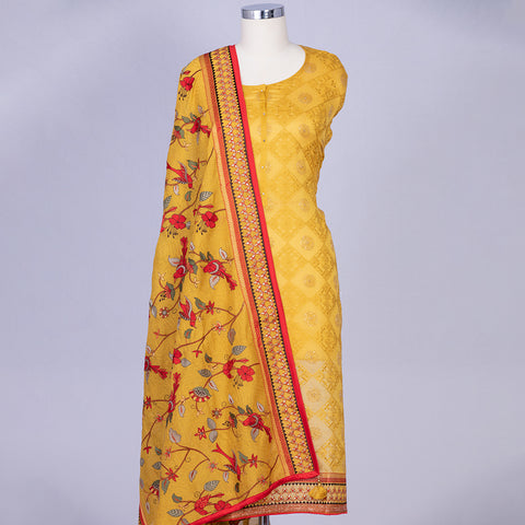 Mustard yellow semi stitched chanderi cotton suit