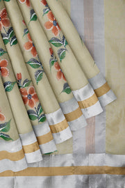 Cream Printed Linen Cotton Saree