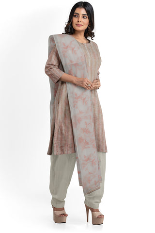 Cream Linen Cotton Thread Embroidery Unstitched Dress Material
