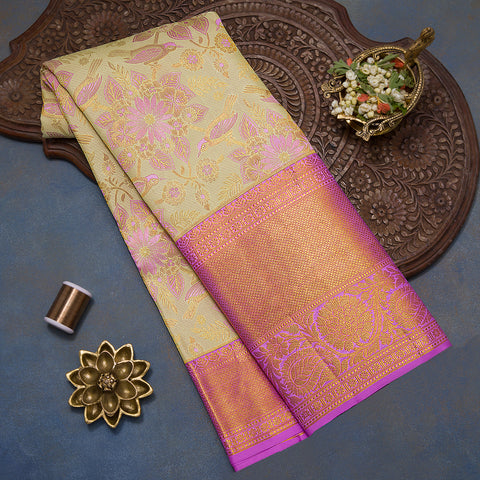 Lemon Yellow Pure Kanjivaram Brocade Silk Saree