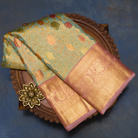 Elaichi Green Handloom Pure Kanjivaram Tissue Silk Saree