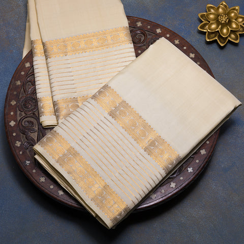 Cream Pure Kanjivaram Silk Dhoti with Designer Gold Zari Border