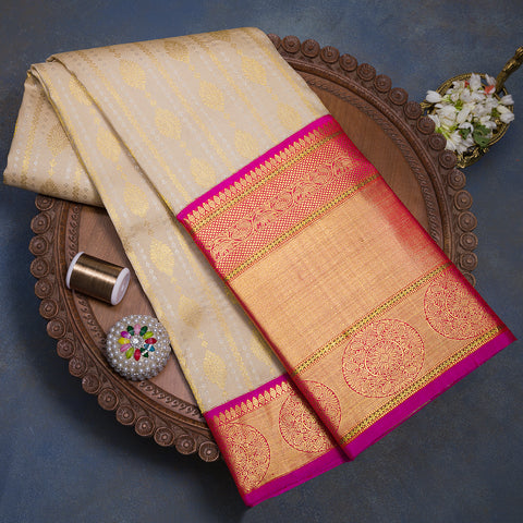 Beige Pure Kanjivaram Brocade Silk Saree