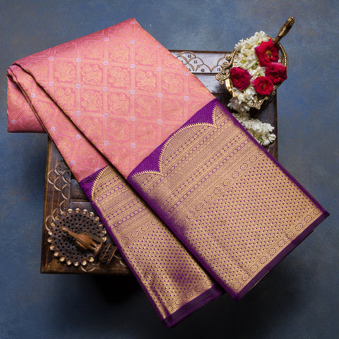 Peachy Pink Pure Kanjivaram Brocade Silk Saree
