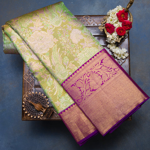 Light Pista Green Pure Kanjivaram Brocade Tissue Silk Saree