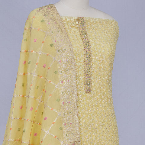 Yellow Unstitched Organza Dress Material