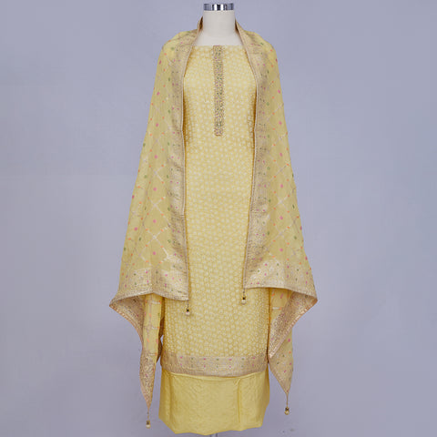 Yellow Unstitched Organza Dress Material